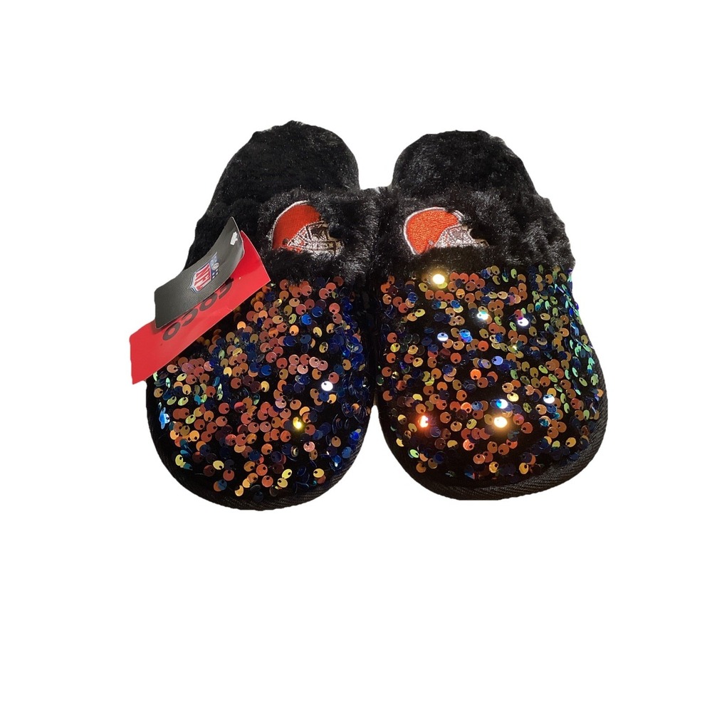 NEW TAGS NFL Cleveland Browns Sequin Slip On Shoe Slippers Women's Size L (9-10)